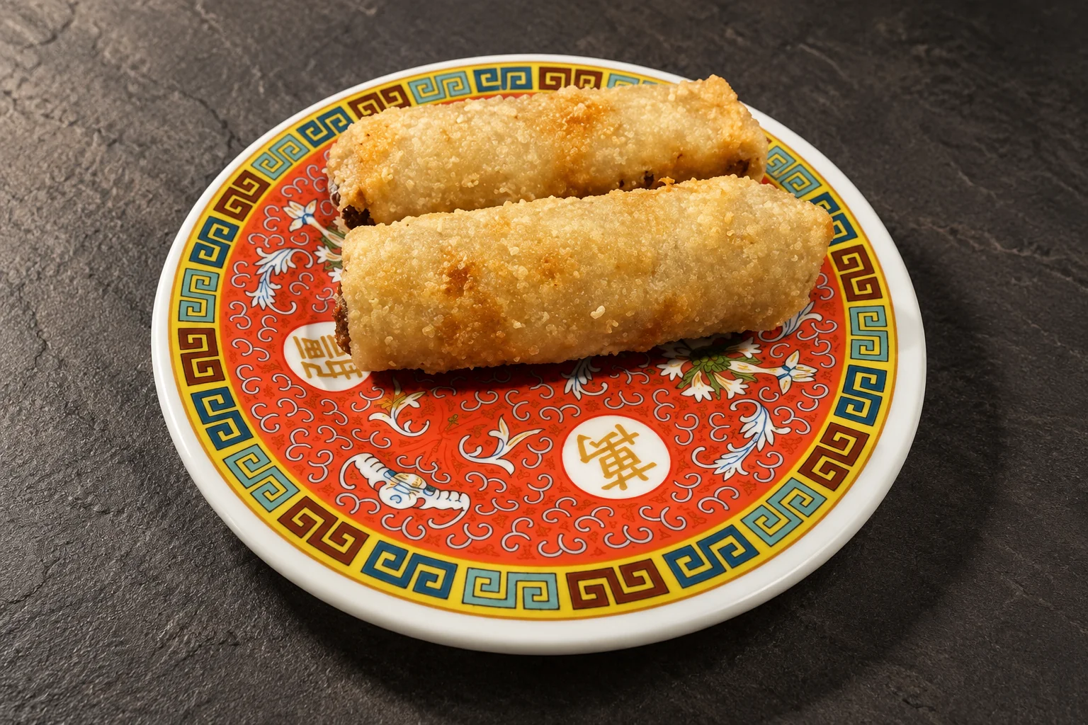 Chicken nems on a round red plate with Chinese patterns, on a dark slate background