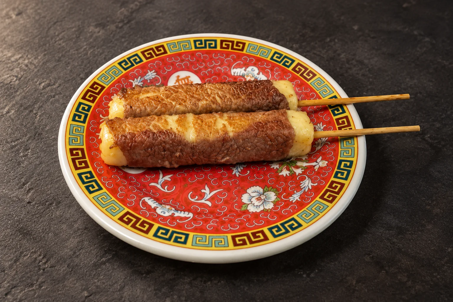 Beef and cheese skewers on a round red plate with Chinese patterns, on a dark slate background