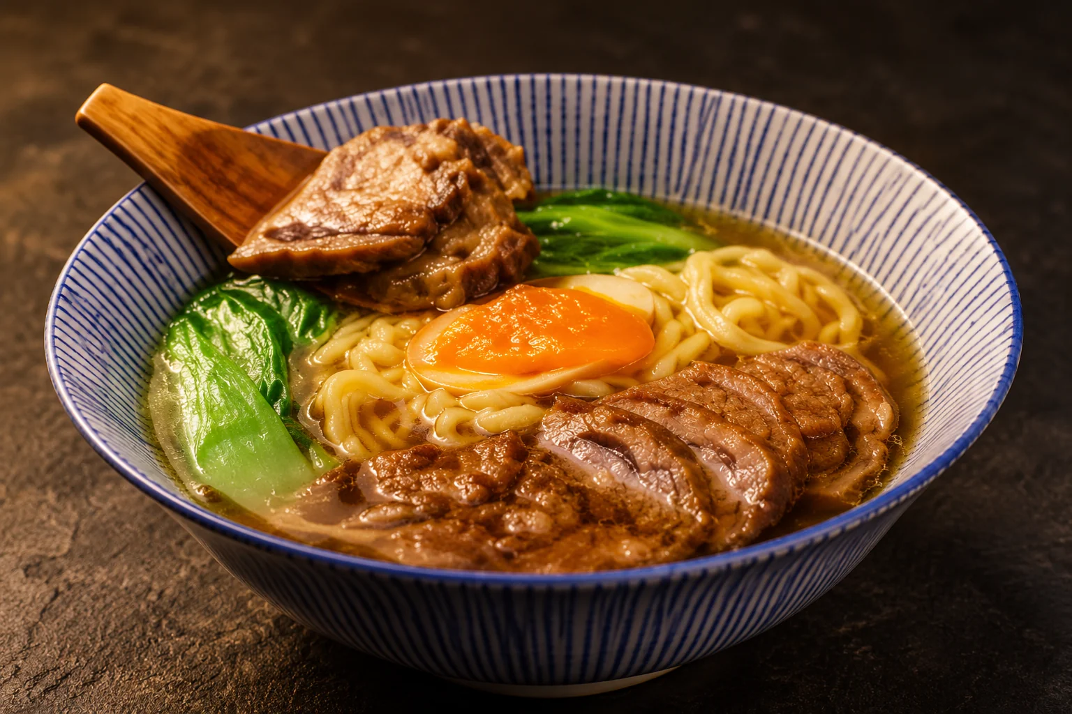 Beef noodle soup in a blue-striped bowl, wooden spoon, warm evening light