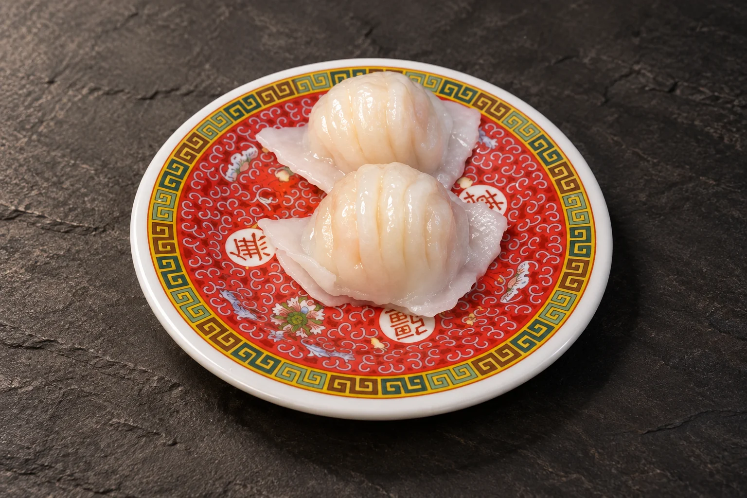 Shrimp dumplings (har gow) on a round red plate with Chinese patterns, dark slate background