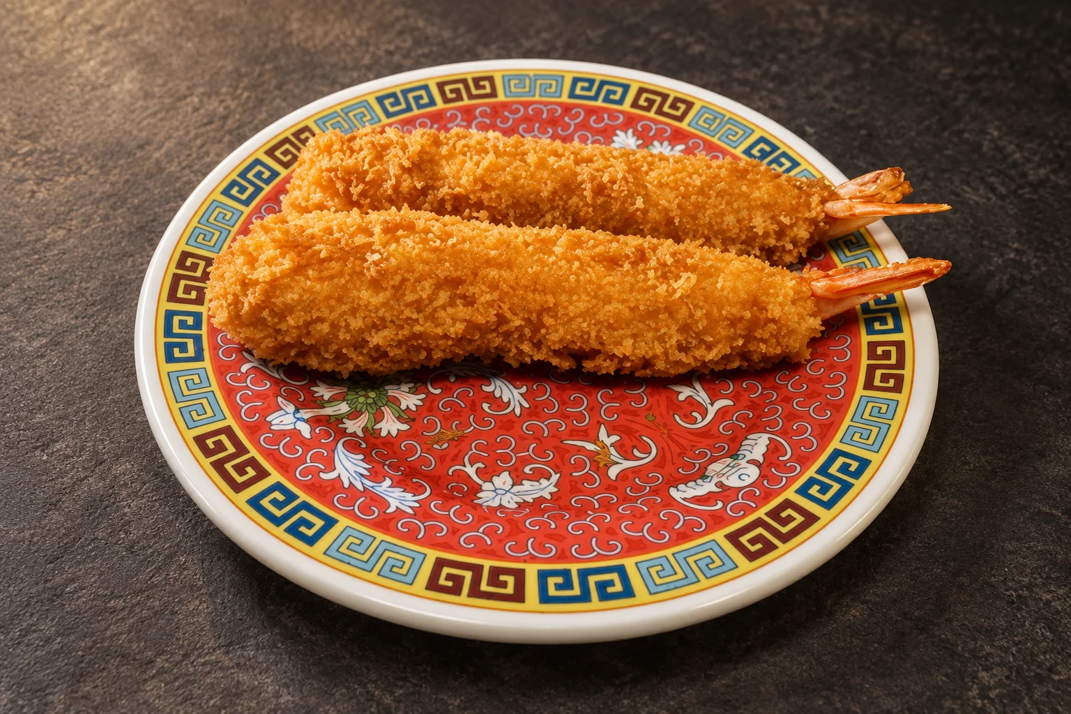 Shrimp tempura on a round red plate with Chinese patterns, dark slate background