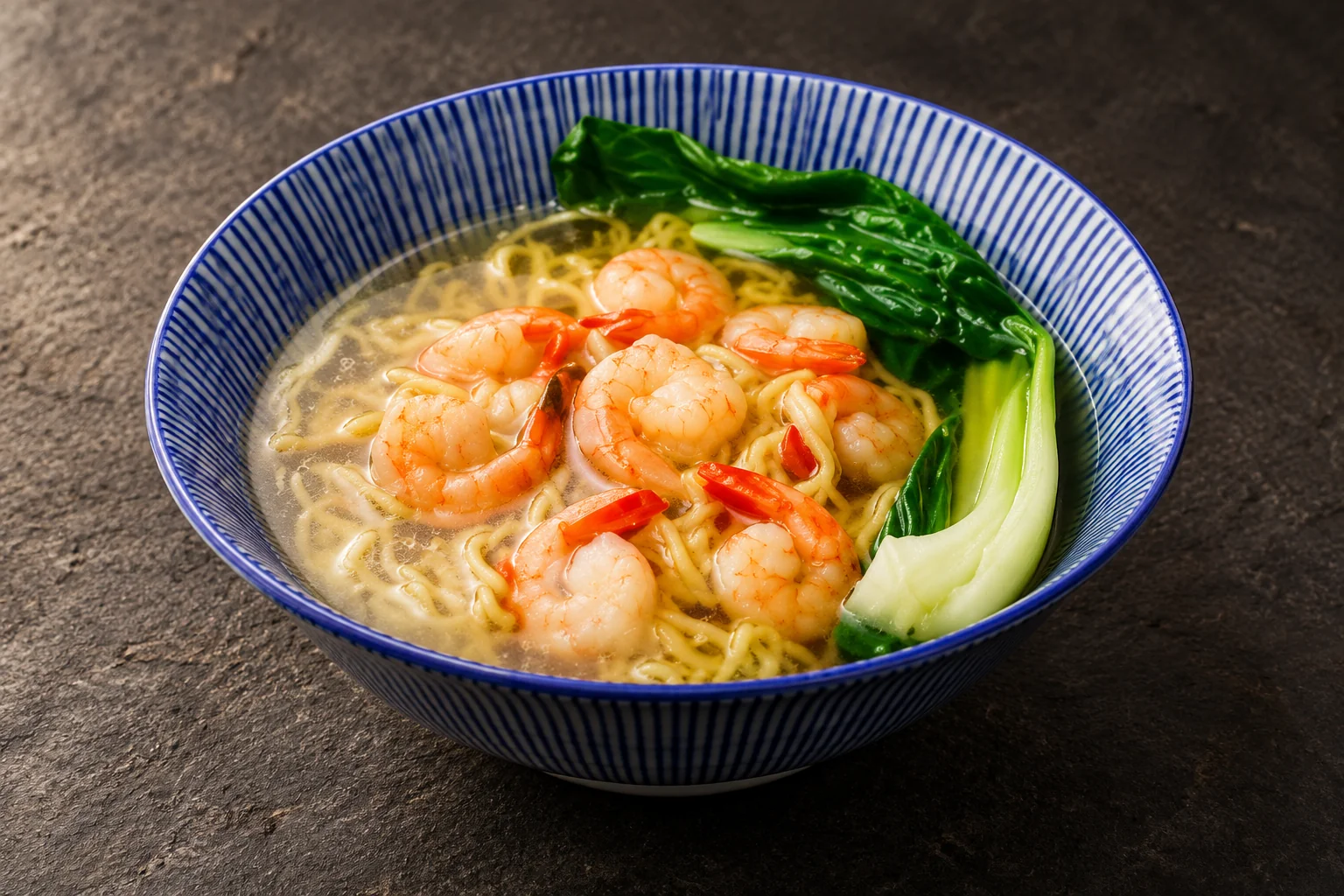 Shrimp noodle soup in a blue-striped bowl, dark slate background