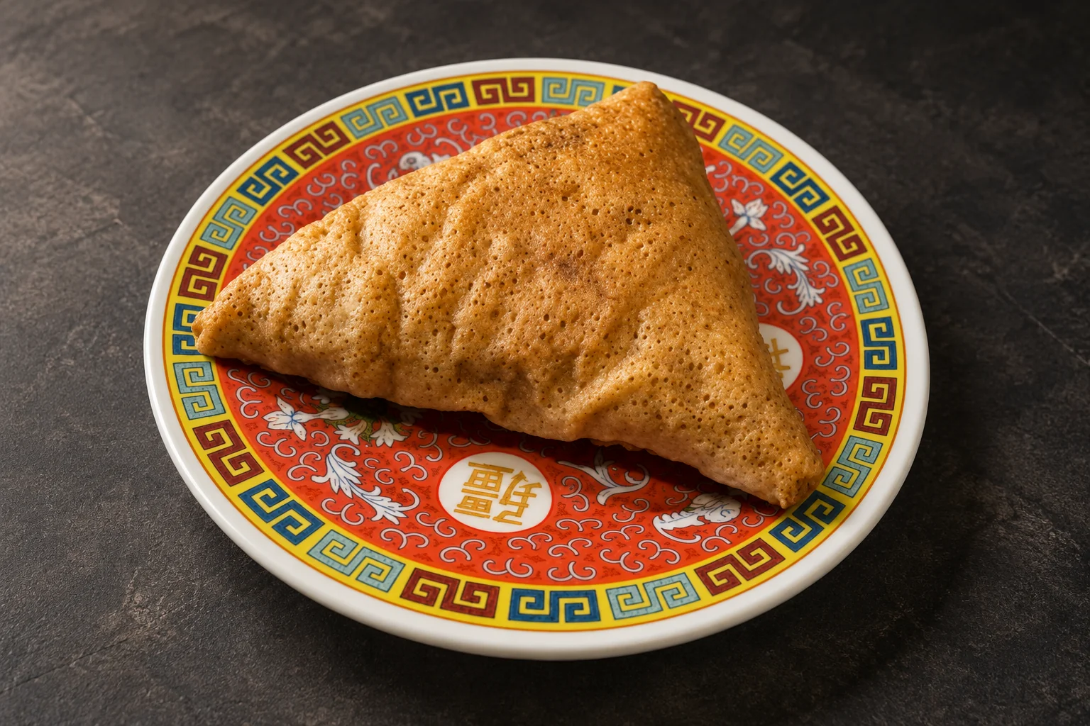 Beef samosa on a round red plate with Chinese patterns, dark slate background